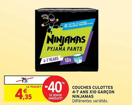 couches culottes 4-7 ans x 10 garçon ninjamas