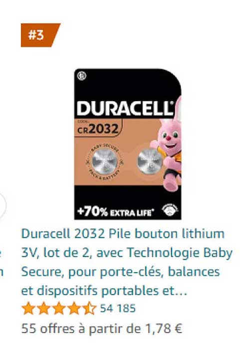 duracell 2032 pile bouton lithium 3v, lot de 2, avec technologie baby secure, pour porte-clés, balances et dispositifs portables