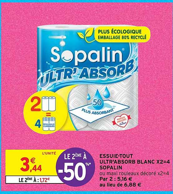 essuie-tout ultr'absorb blanc x 2 = 4 sopalin