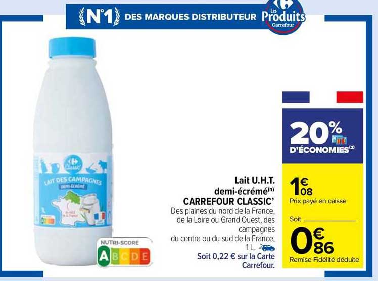 lait u.h.t. demi-écrémé carrefour classic'