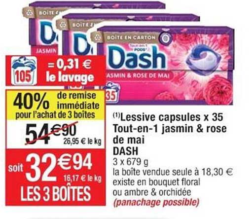 lessive capsules x35 tout-en-1 jasmin & rose de mai dash