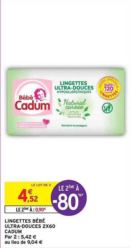 lingettes bébé ultra-douces 2 x 60 cadum