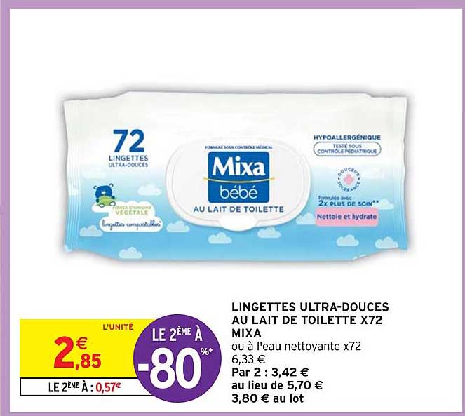 Lingettes Ultra-douces Au Lait De Toilette X 72 Mixa