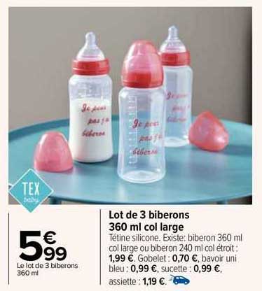 lot de 3 biberons 360 ml col large tex baby