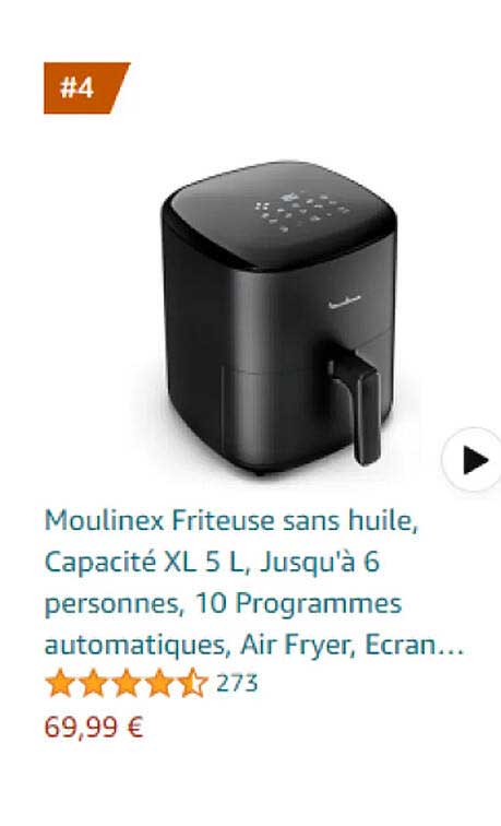 moulinex friteuse sans huile, capacité xl 5 l, jusqu'à 6 personnes, 10 programmes automatiques, air fryer