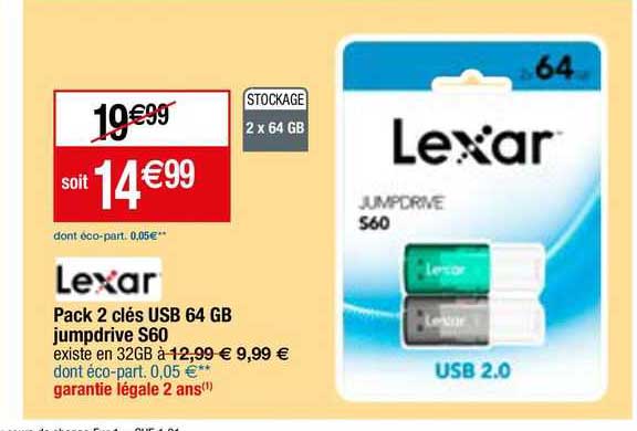 pack 2 clés usb 64 gb jumpdrive s60 lexar