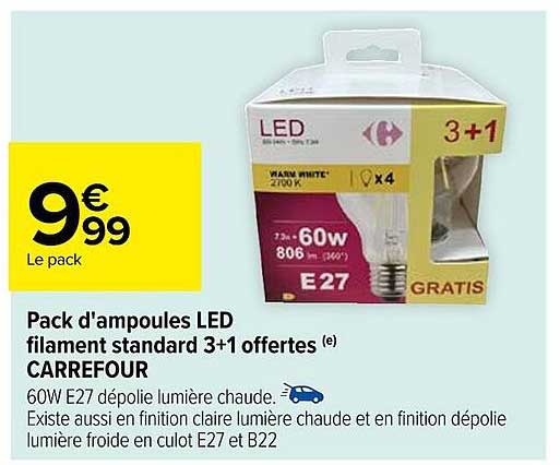 pack d'ampoules led filament standard 3 + 1 offertes carrefour
