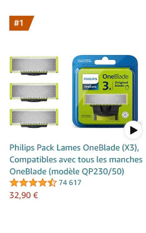 philips pack lames oneBlade (x3), compatibles avec tous les manches oneBlade (modèle qp230/50)