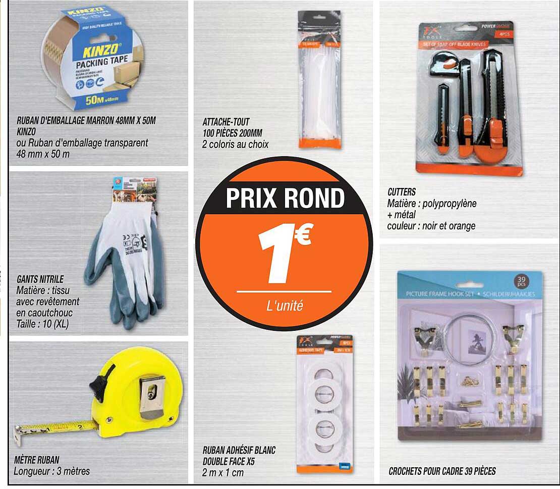 ruban d'emballage marron 48mm x50m kinzo, attache-tout 100 pièces 200mm, cutters, mètre ruban, ruban adhésif blanc, crochets pour cadre 38 pièces