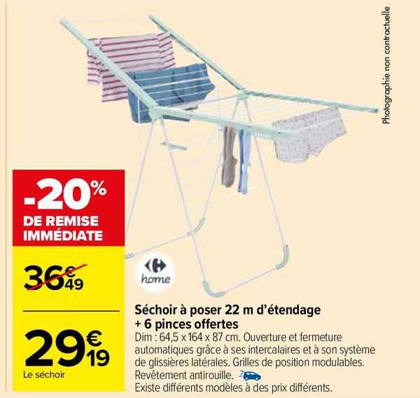 séchoir à poser 22 m d'étendage + 6 pinces offertes carrefour home