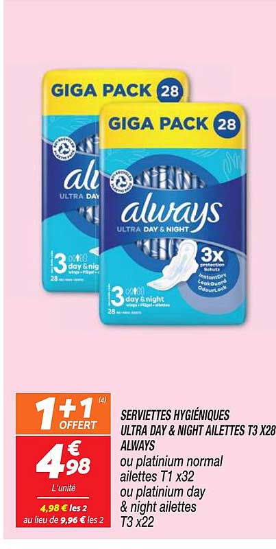 serviettes hygiéniques ultra day & night ailettes t3 x28 always