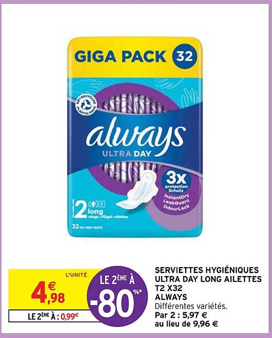 serviettes hygiéniques ultra day long ailettes t2 x 32 always