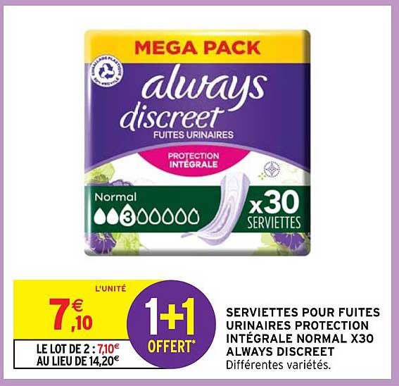 serviettes pour fuites urinaires protection intégrale normal x 30 always discreet