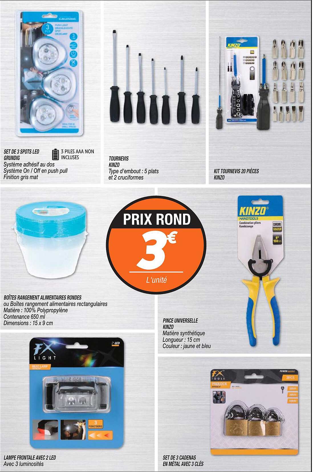 set de 3 spots led, boîtes rangement alimentaire ronde, lampe frontale avec 2 led, tournevis kinzo, kit tournevis 20 pièces kinzo, pince universelle, set de 3 cadenas en métal avec 3 clés