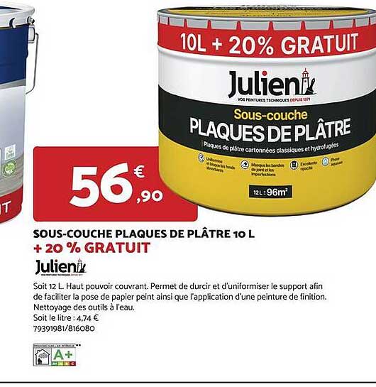 sous-couche plaques de plâtre 10 l + 20% gratuit julien