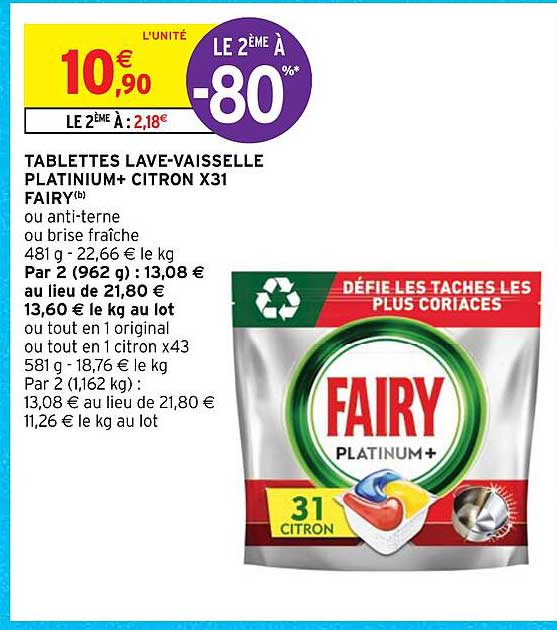 tablettes lave-vaisselle platinium+ citron x 31 fairy