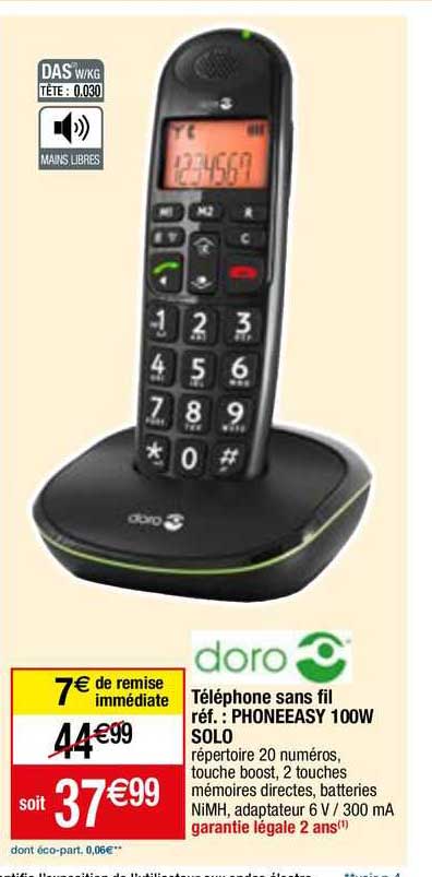 téléphone sans fil réf. : phoneeasy 100w solo doro