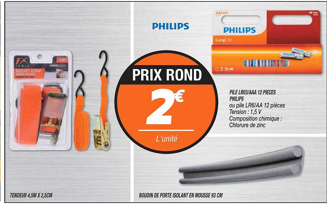 tendeur 4,5 m x 2,2 cm, pile lr03/aaa 12 pièces philips, boudin de porte isolant en mousse 93 cm