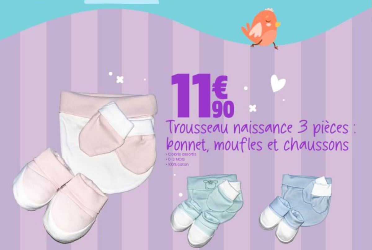 trousseau naissance 3 pièces : bonnet, moufles et chaussons