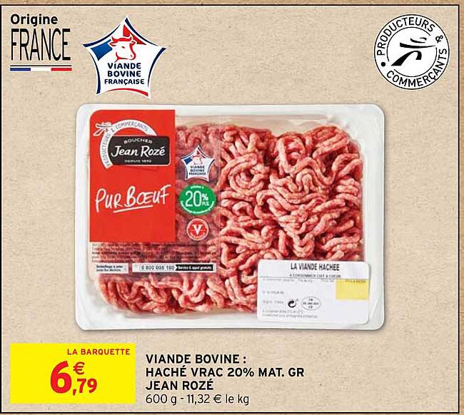 viande bovine : haché vrac 20% mat. gr. jean rozé