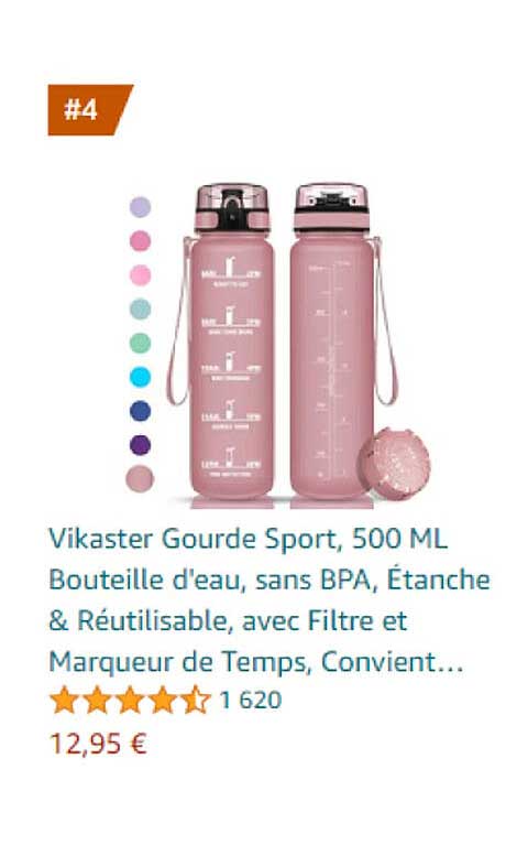 vikaster gourde sport, 500 ml bouteille d'eau, sans bpa, étanche & réutilisable, avec filtre et marqueur de temps