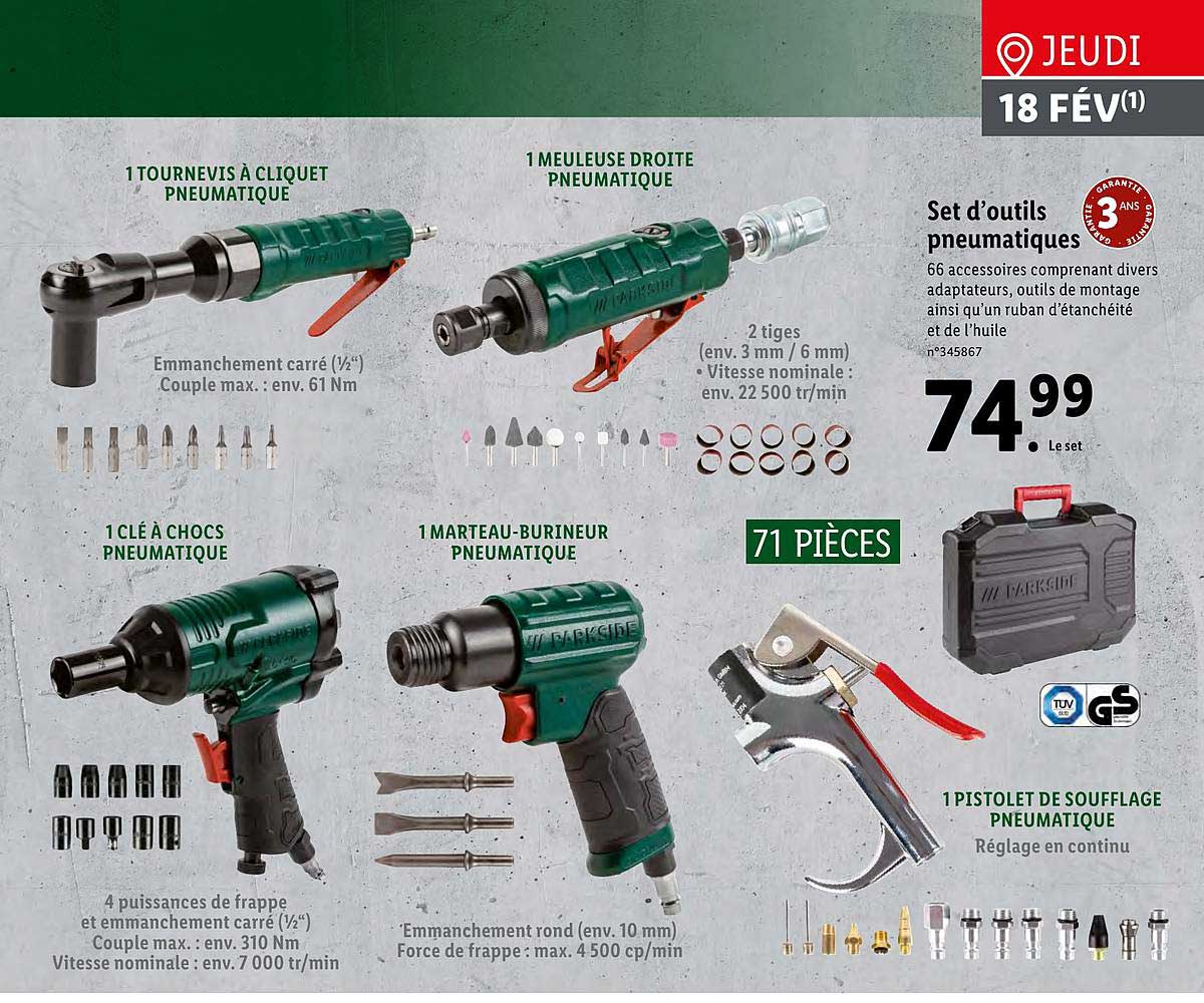 1 tournevis à cliquet pneumatique, 1 clé à chocs pneumatique, 1 meuleuse droite pneumatique, 1 marteau-burineur pneumatique