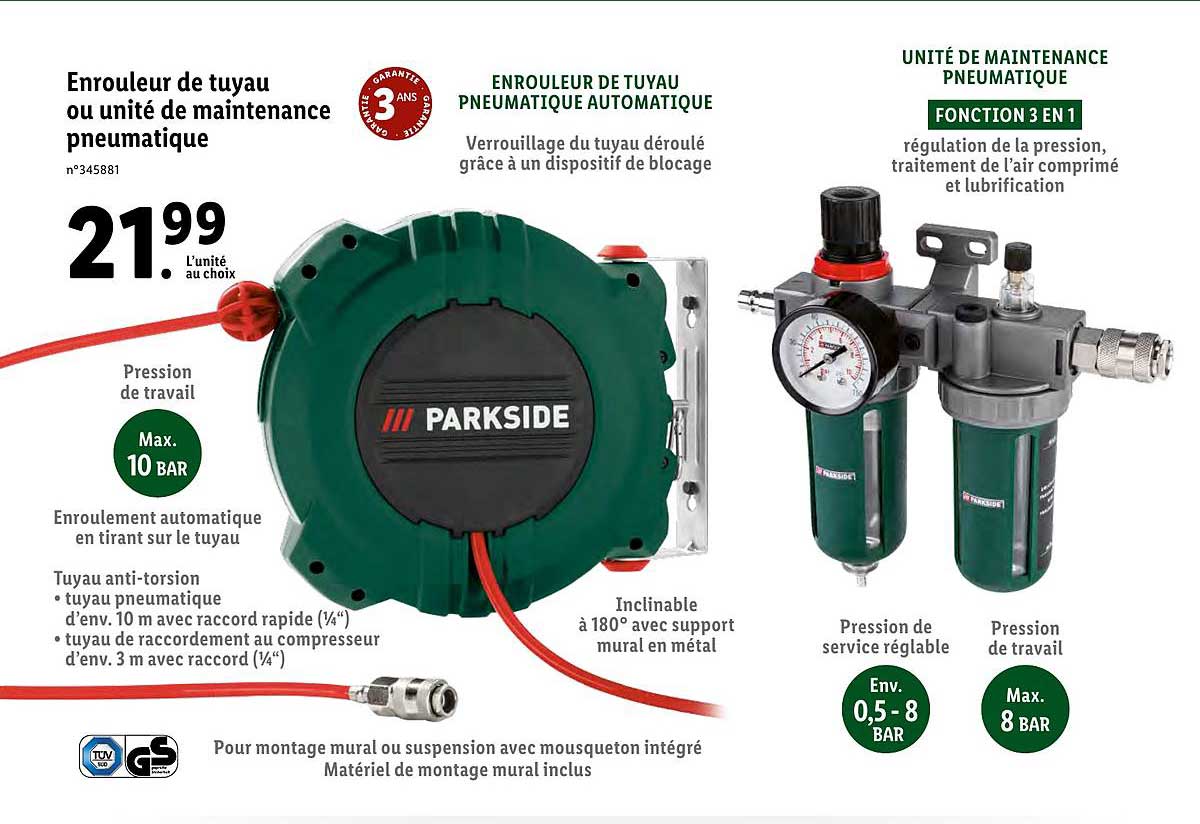 enrouleur de tuyau pneumatique ou unité de maintenance pneumatique parkside