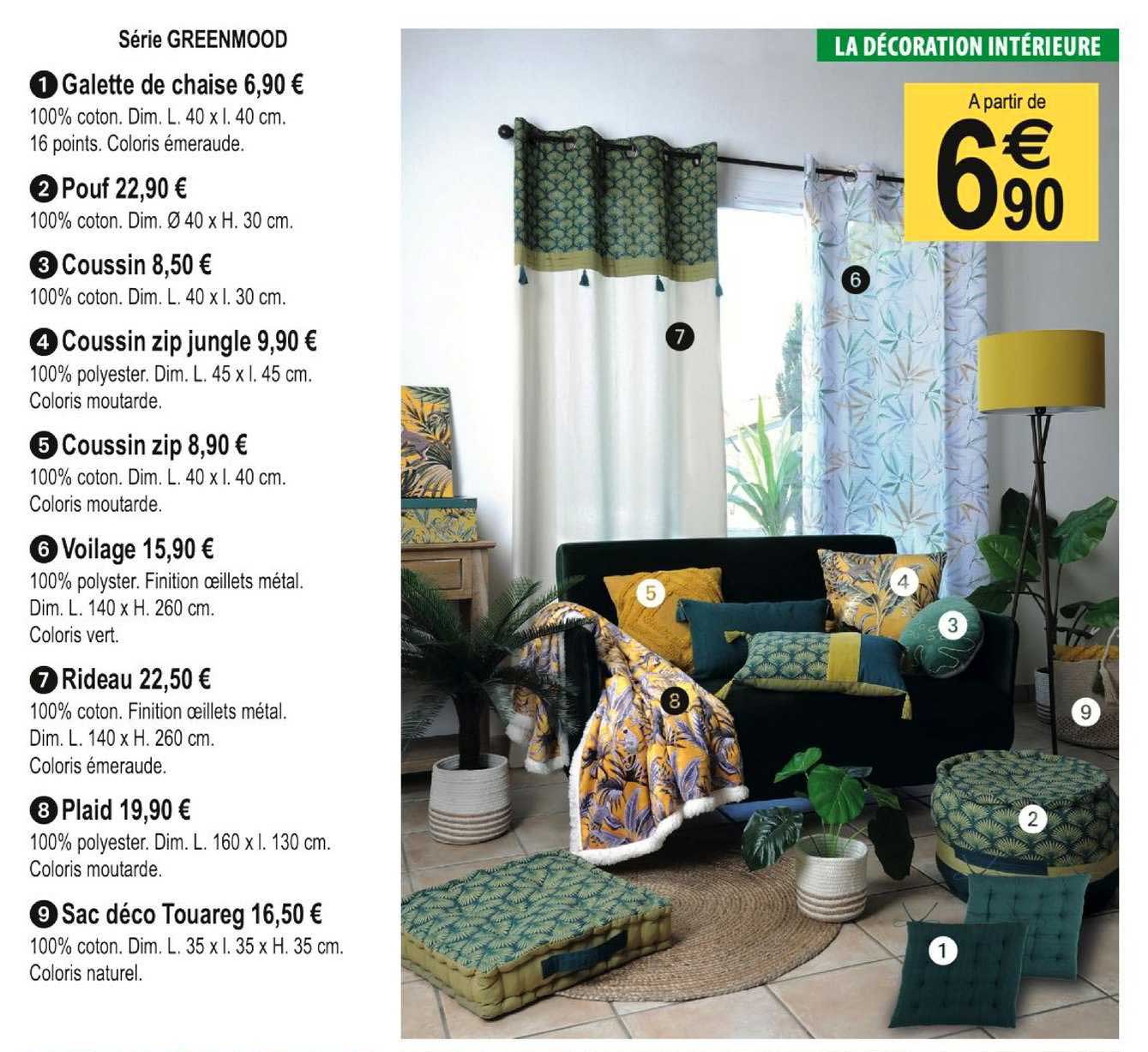 série greenmood : galette de chaise, pouf, coussin, coussin zip jungle, coussin zip, voilage, rideau, plaid, sac déco touareg