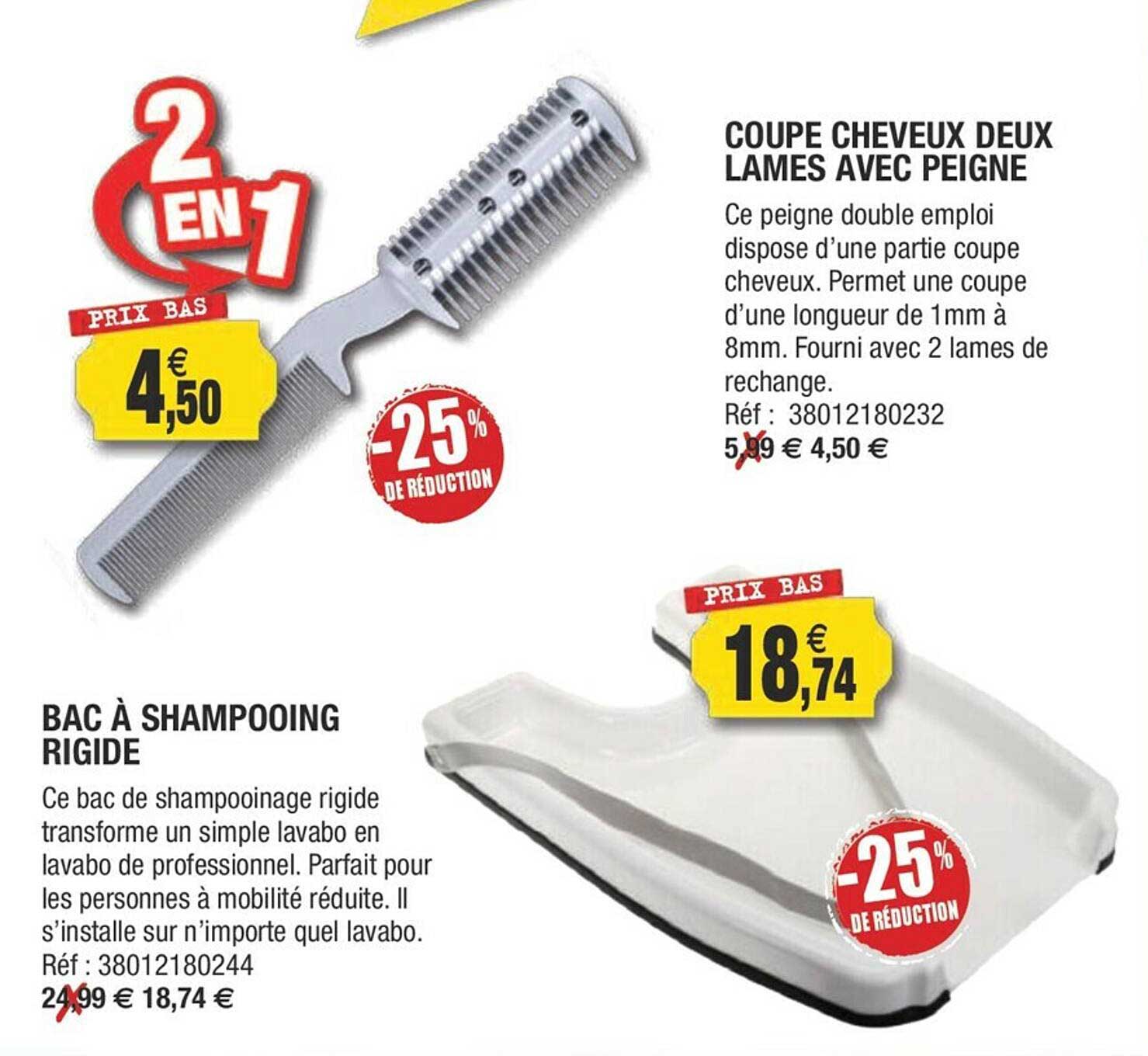 bac à shampooing rigide, coupe cheveux deux lames avec peigne