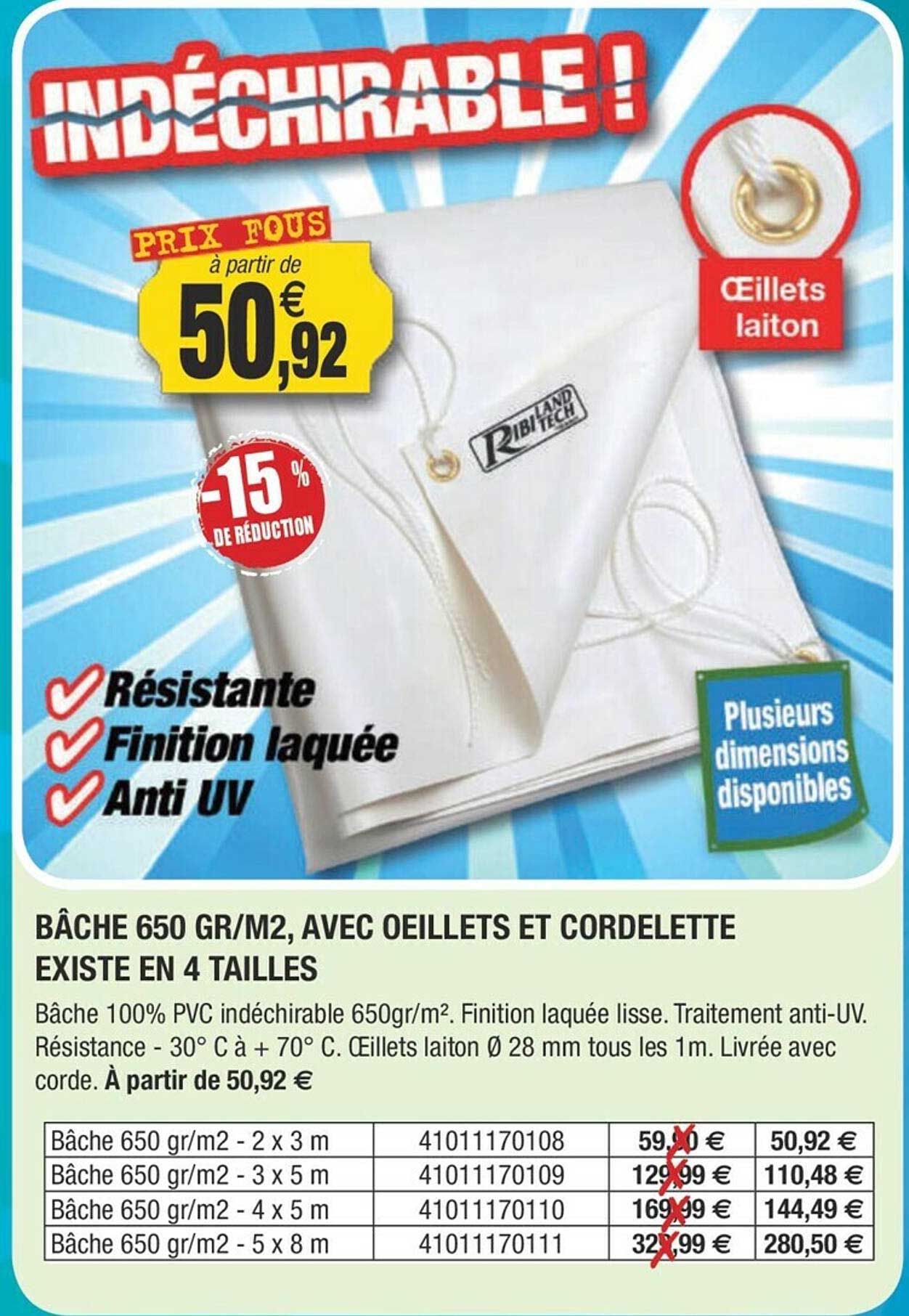 bâche 650 gr-m², avec œillets et cordelette existe en 4 tailles