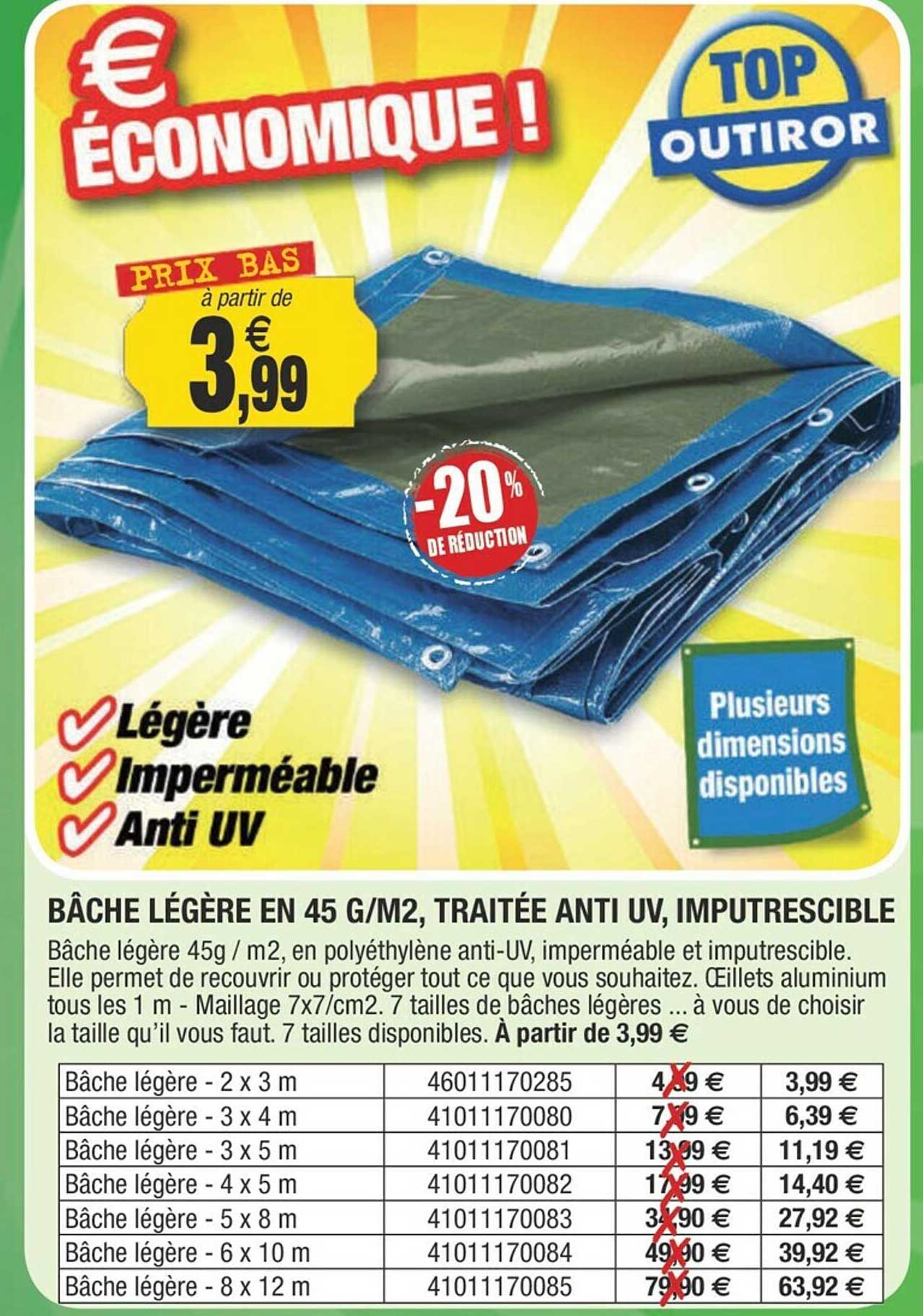bâche légère en 45 g-m², traitée anti uv, imputrescible