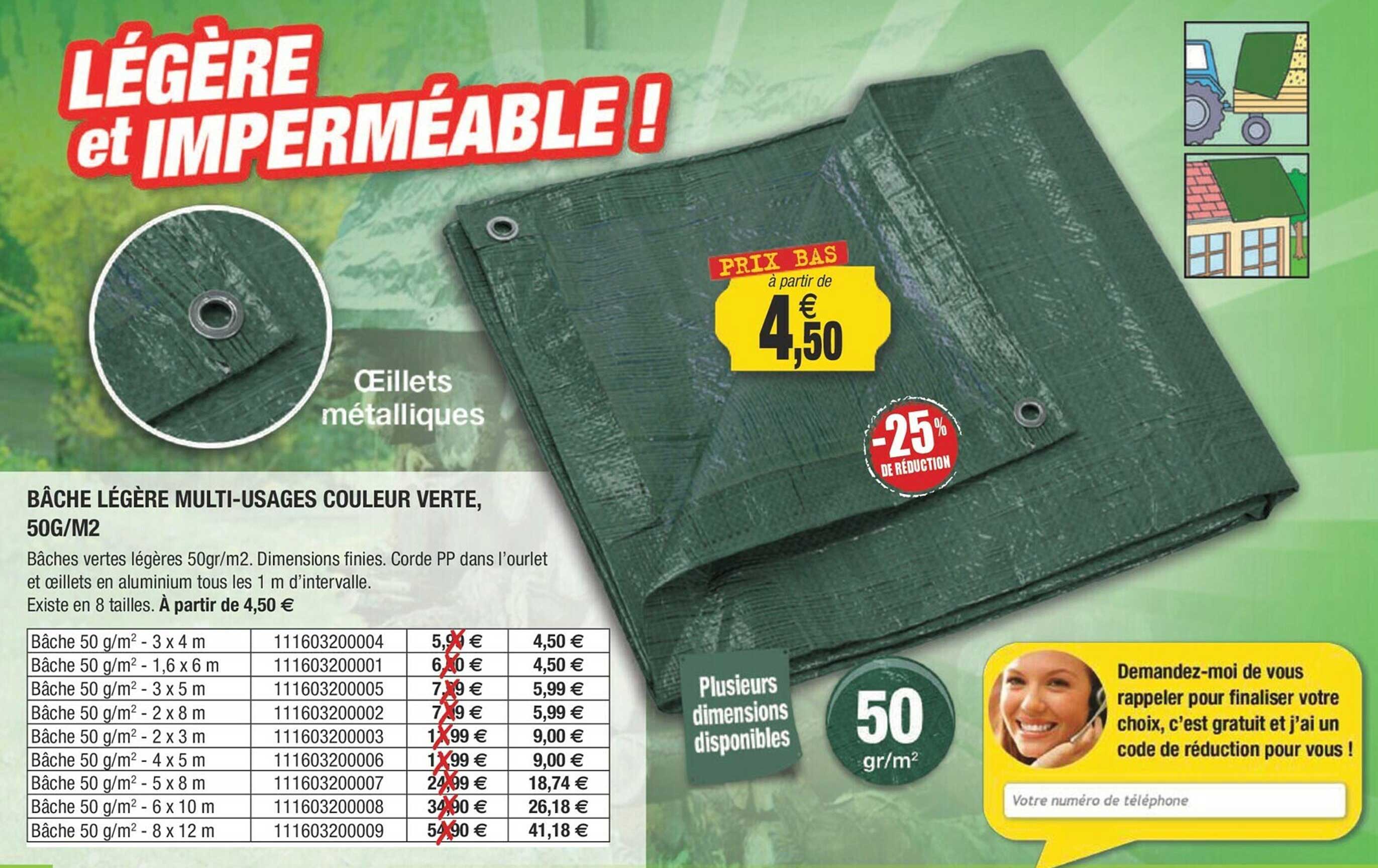 bâche légère multi-usages couleur verte, 50g-m²