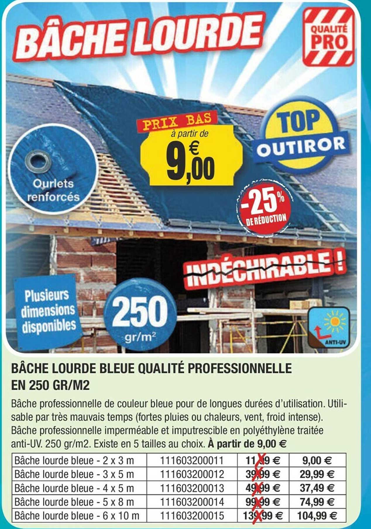 bâche lourde bleue qualité professionnelle en 250 gr-m²