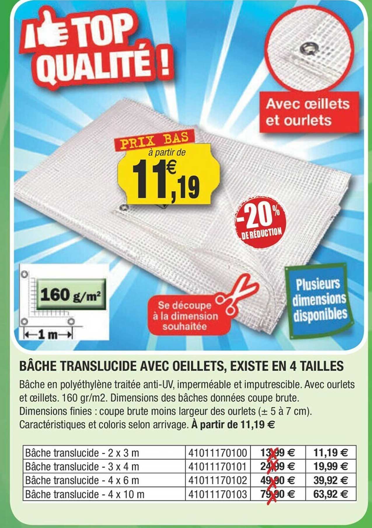 bâche translucide avec œillets, existe en 4 tailles