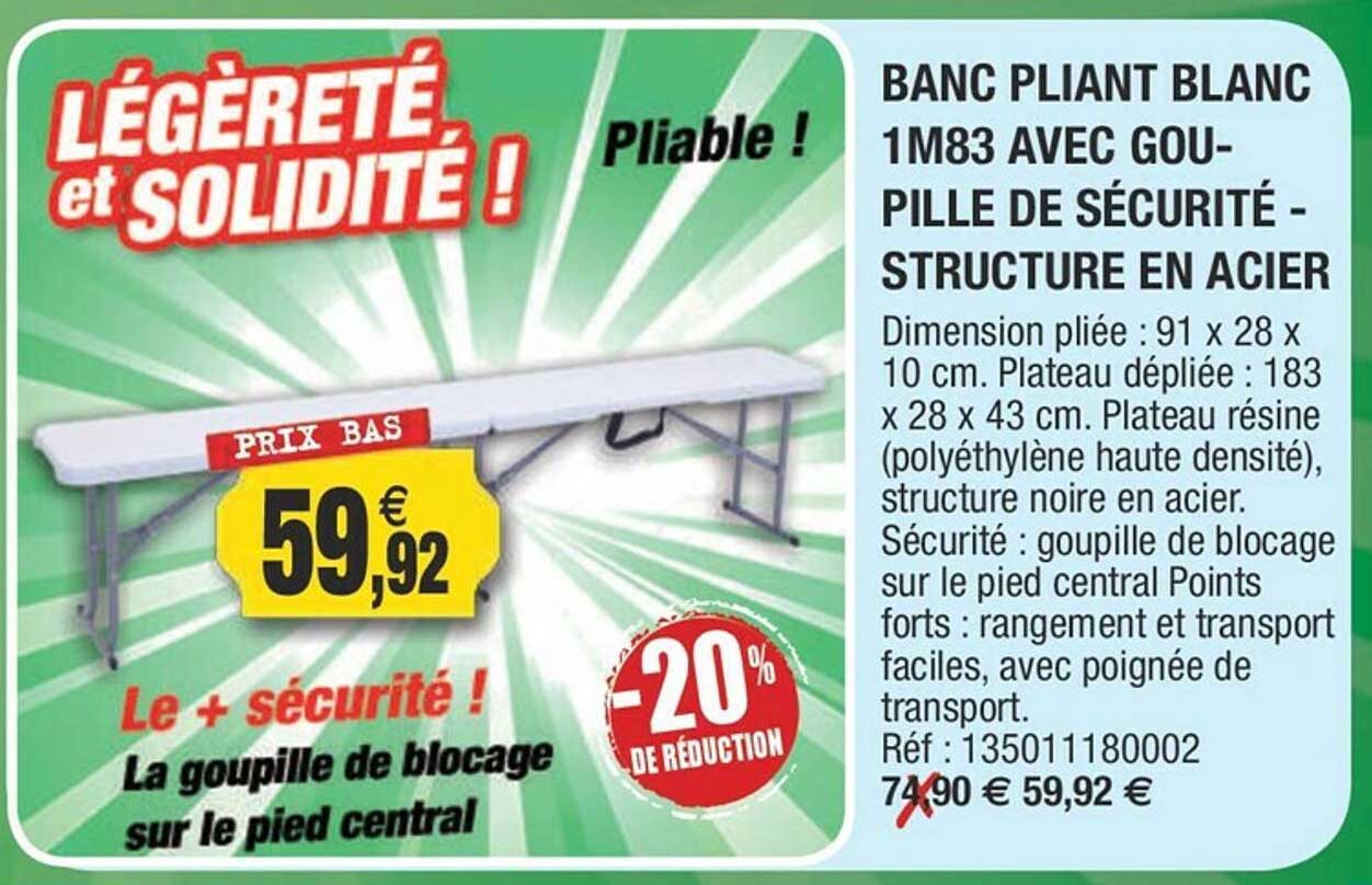 banc pliant blanc 1m83 avec goupille de sécurité - structure en acier