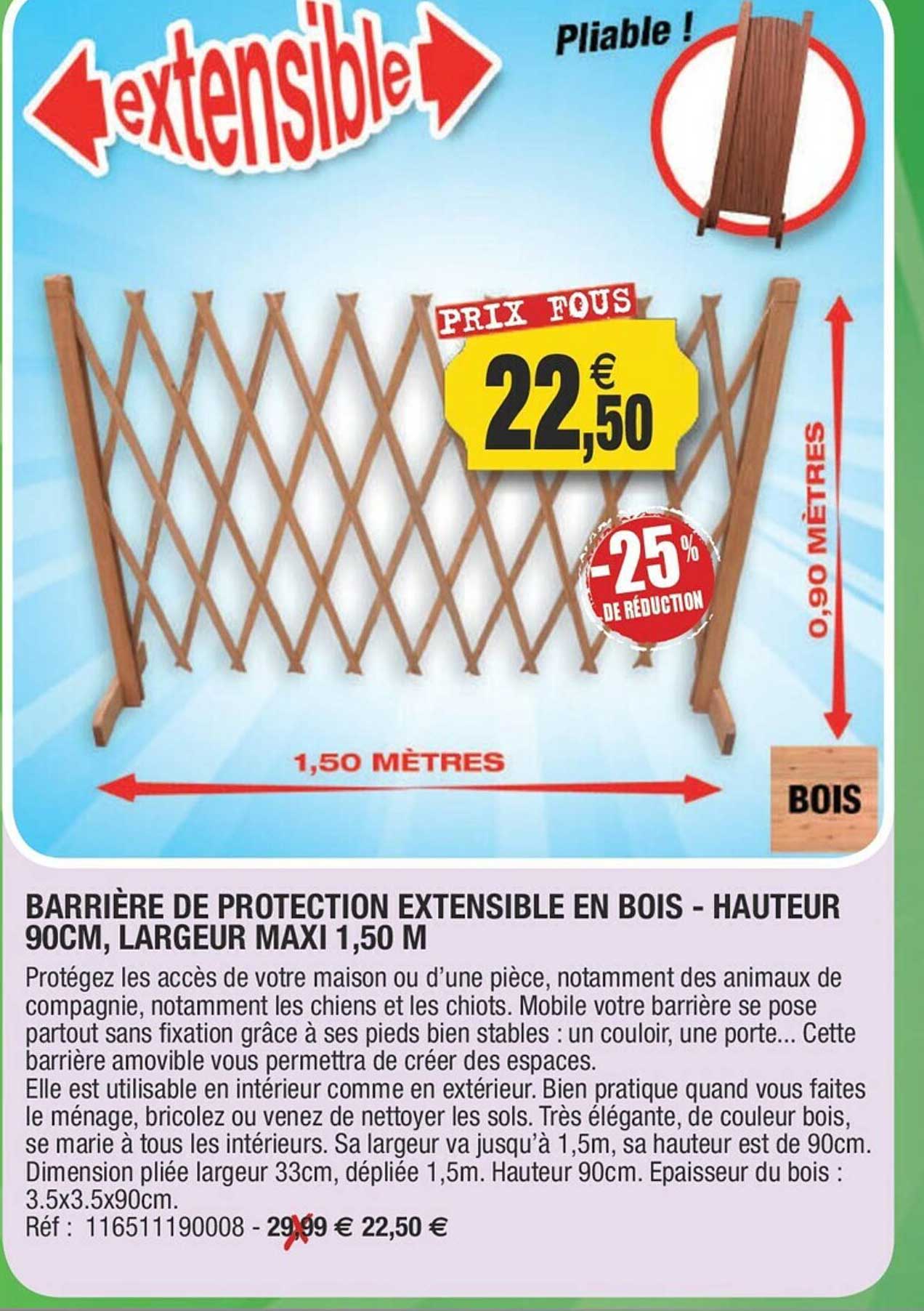 barrière de protection extensible en bois - hauteur 90 cm, largeur maxi 1,50 m