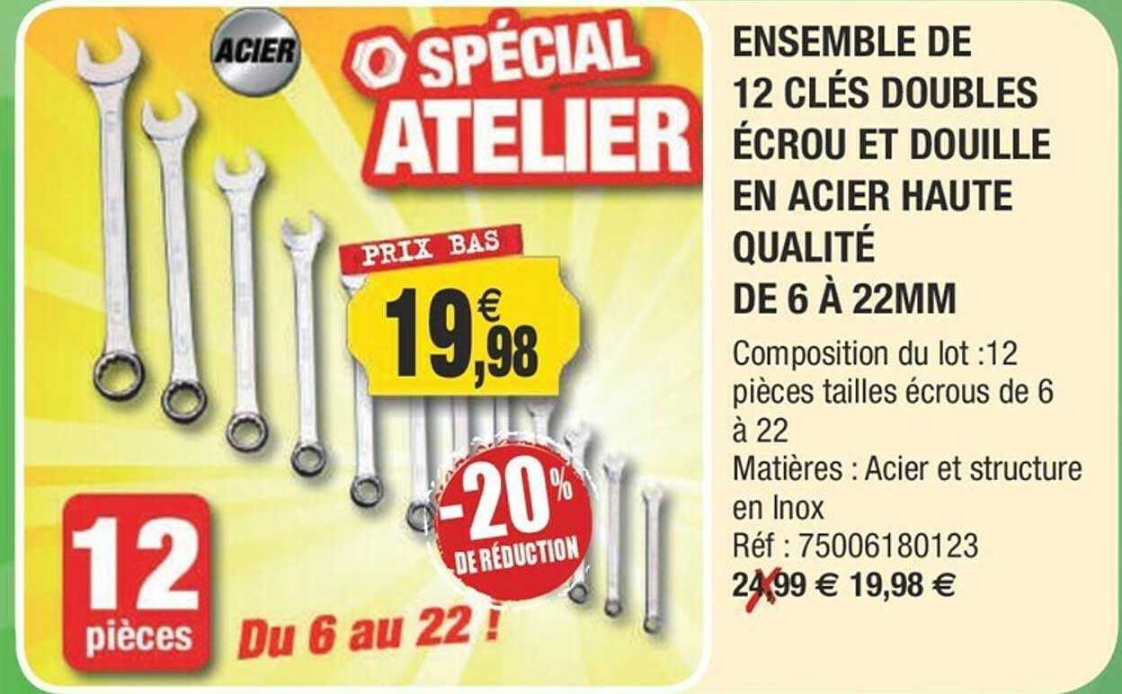 ensemble de 12 clés doubles écrou et douille en acier haute qualité de 6 à 22mm