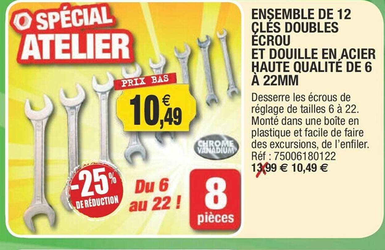 ensemble de 12 clés doubles écrou et douille en acier haute qualité de 6 à 22mm