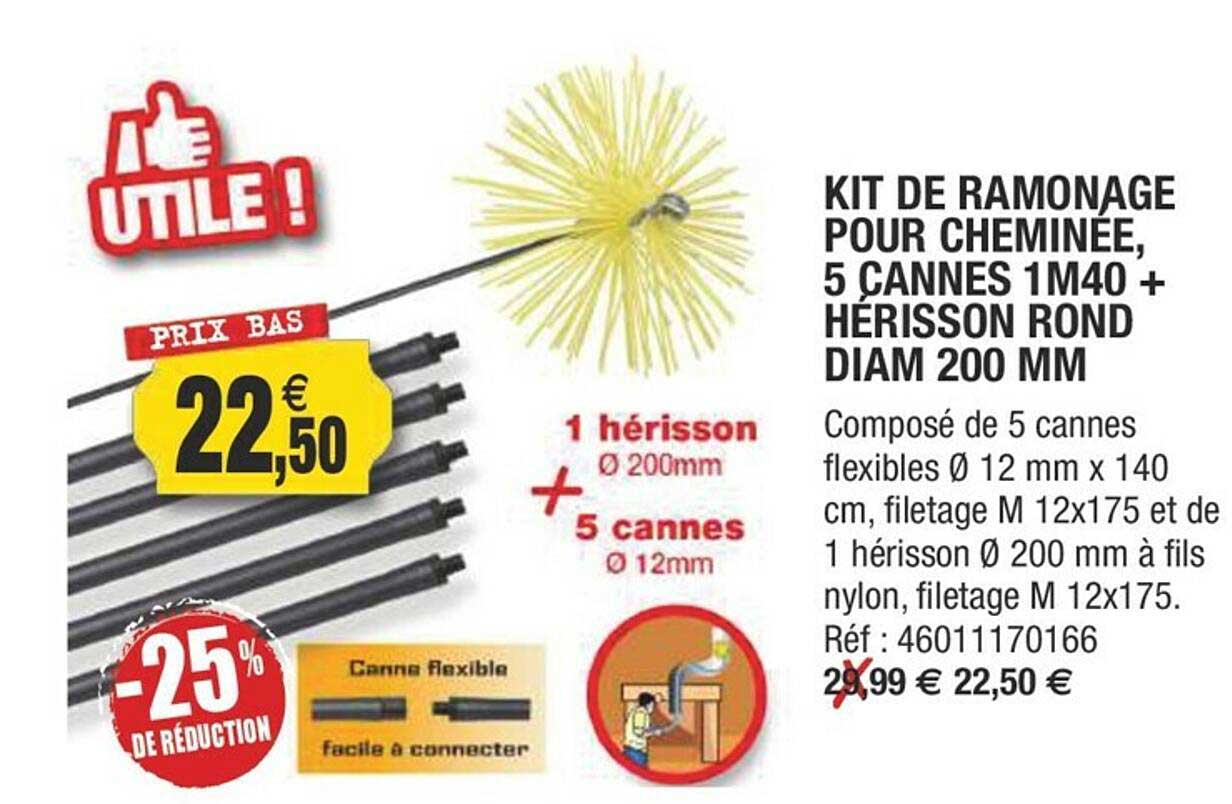 kit de ramonage pour cheminée, 5 cannes 1m40 + hérisson rond diam 200 mm