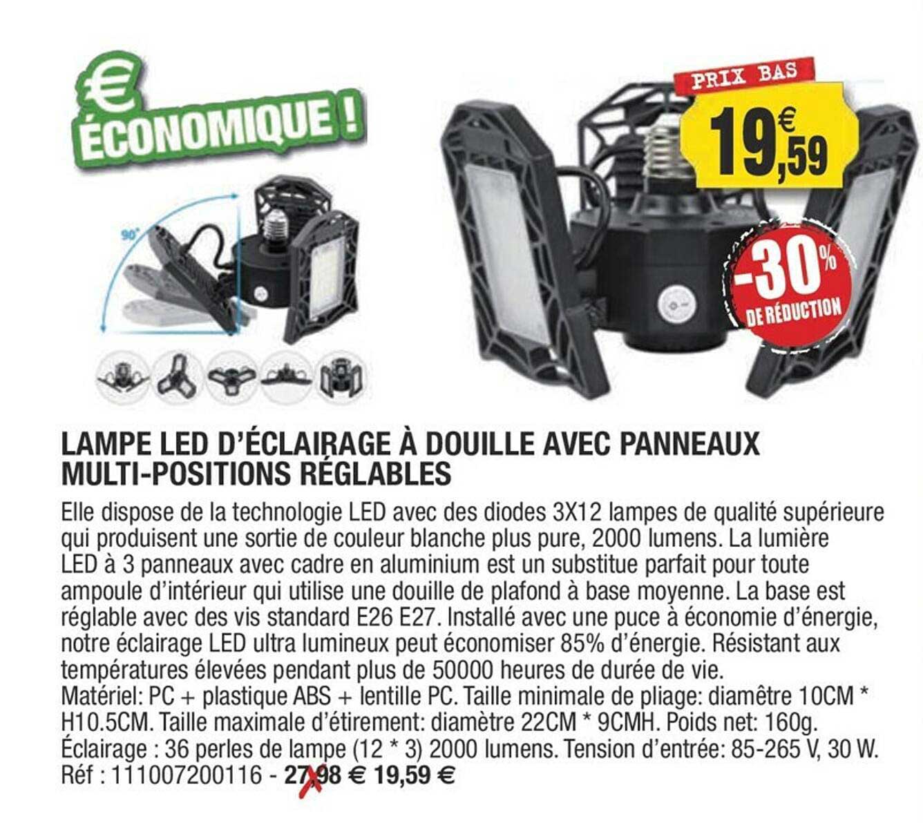 lampe led d'éclairage à douille avec panneaux multi-positions réglables