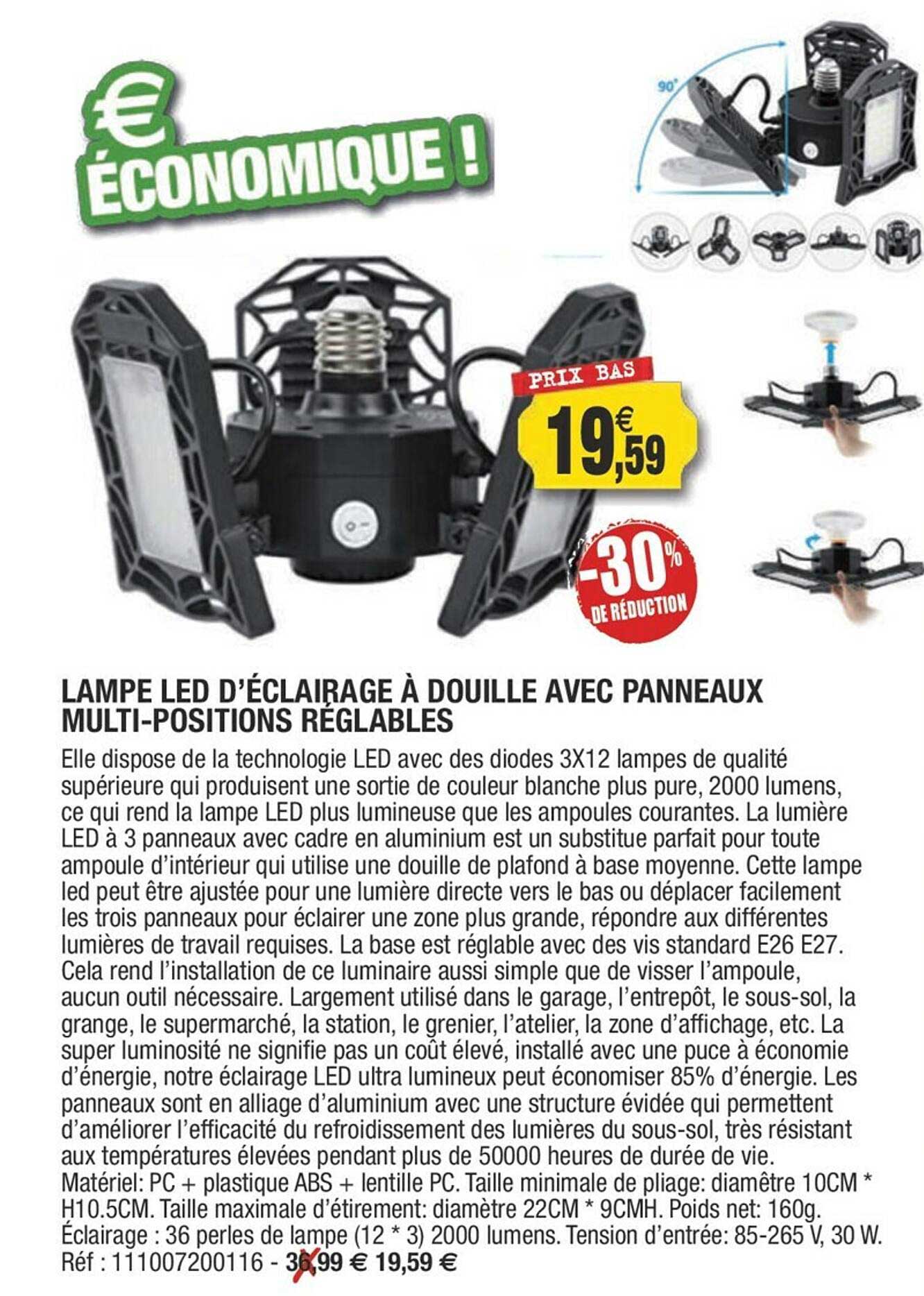 lampe led d'éclairage à douille avec panneaux multi-positions réglables
