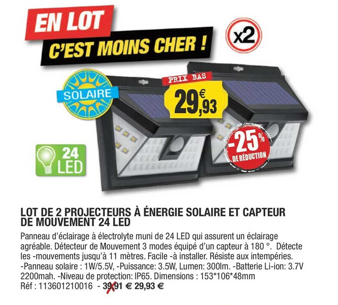 lot de 2 projecteurs à énergie solaire et capteur de mouvement 24 led