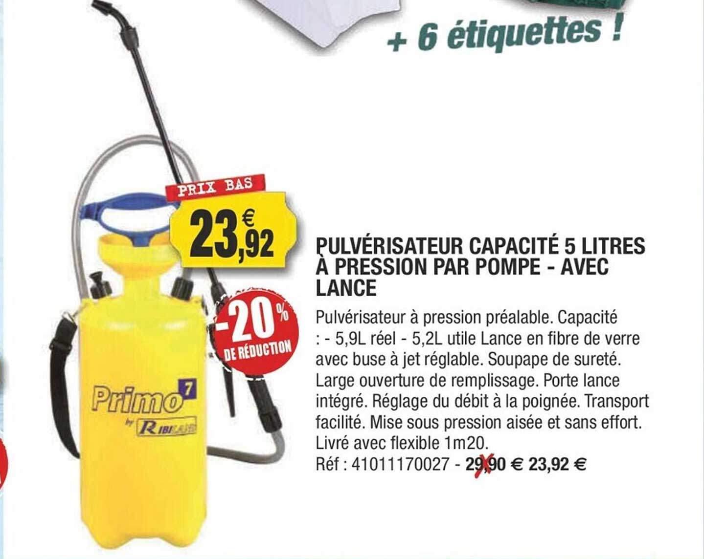 pulvérisateur capacité 5 litres à pression par pompe - avec lance