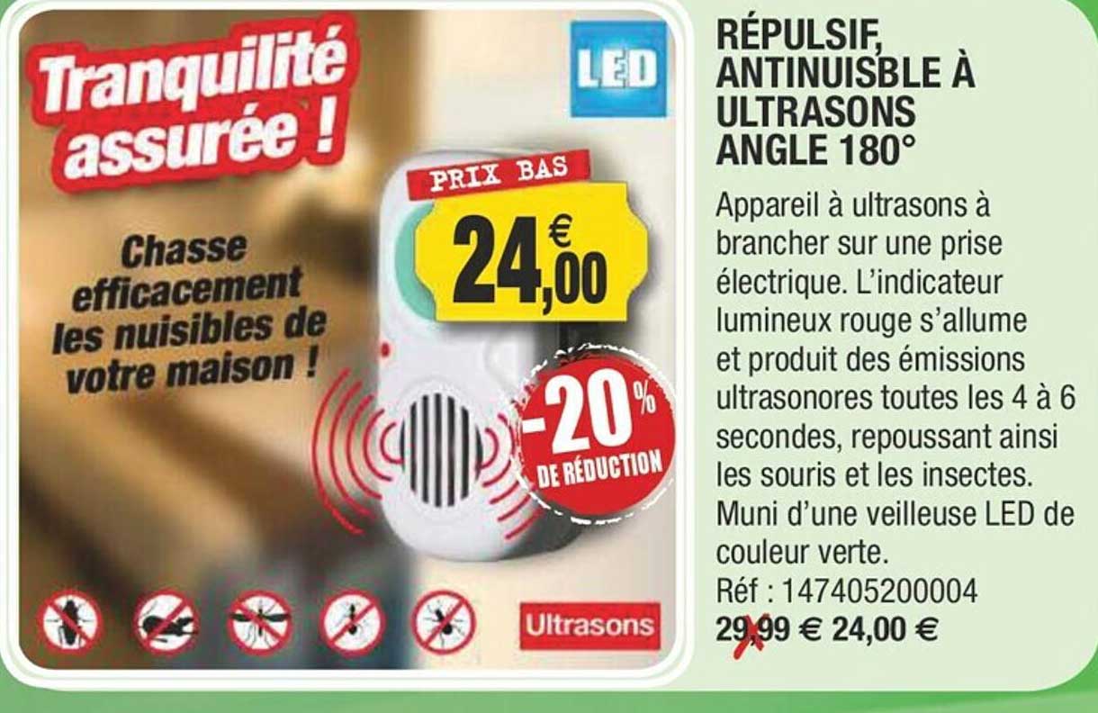 répulsif, antinuisible à ultrasons angle 180°