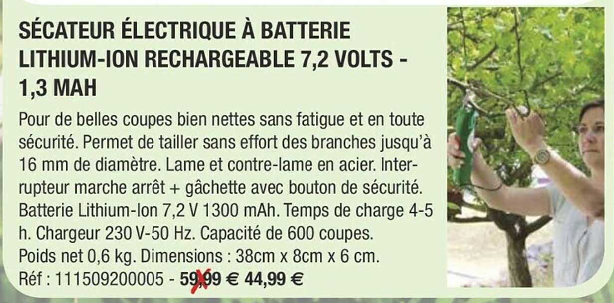 sécateur électrique à batterie lithium-ion rechargeable 7,2 volts - 1,3 mah