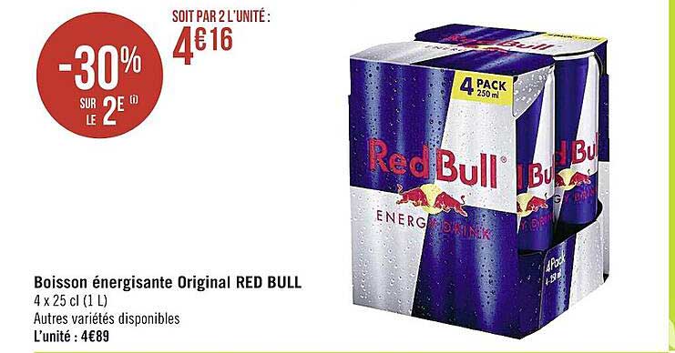 boisson énergisante original red bull -30% sur le 2e