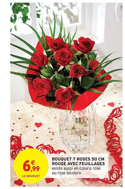 bouquet 7 roses 50 cm rouge avec feuillages