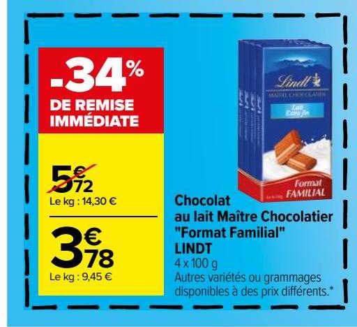 chocolat au lait maître chocolatier "format familial" lindt