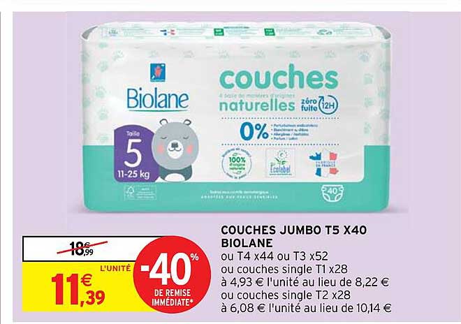 couches jumbo t5 x40 biolane