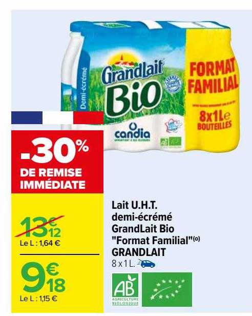 lait u.h.t. demi-écrémé grandLait bio "format familial"
